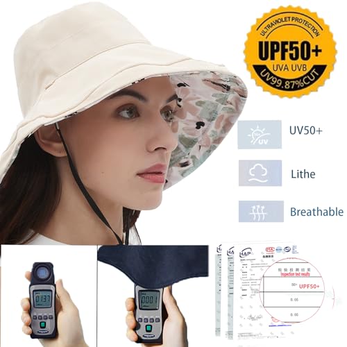 Womens Sun Hats Wide Brim Reversible Bucket Cotton Hat Packable Summer Travel Cap with Hat Clip