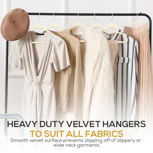 50 Pack New Premium Quality Velvet Hangers Ultra Thin Non Slip Adult Felt Space Saving Hangers for Closet Heavy Duty Coat Pants Jackets Dress Hangers 360° Swivel Hook Hold Upto 10 lbs Ivory (50 Count)