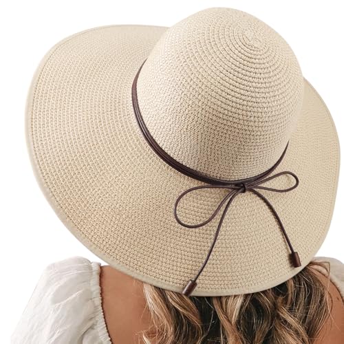 Womens Sun Straw Hat Bowknot Hat Summer Wide Brim Bucket Hats Foldable Beach Sun Hats Roll up UPF 50+