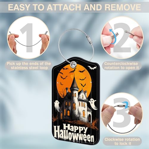 2 Pack Bat and Ghost Luggage Tags for Suitcases Happy Halloween Castle Leather Luggage Tags Privacy Cover ID Label with Stainless Steel Loop and Address Card for Women Men Travel Bag Backpack (2 Count)
