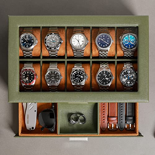 10 Slot Watch Box in Leather with Valet Drawer