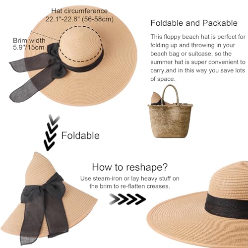 Women Wide Brim Bow Straw Hat Floppy Foldable Beach Sun Hat Roll up Cap UPF 50+