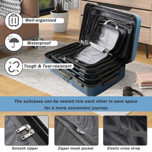 Luggage Sets 6 Piece Hardshell ABS Suitcases with 8 Silent Spinner Wheels Durable and Lightweight Travel Luggage for Family Trips Ink Blue