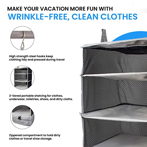 Stow-N-Go Portable Hanging Travel Shelves, Packing Organizer for Luggage. Carry on Closet with Hanger for Clothes. Expandable Packing Cube. Travel Essentials, Light Gray - L