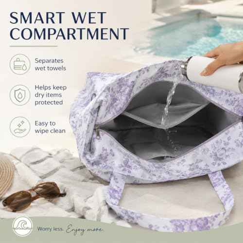 Waterproof Beach Tote Pool Bags for Women Ladies Extra Large Carry On Bag With Wet Compartment for Weekender Travel