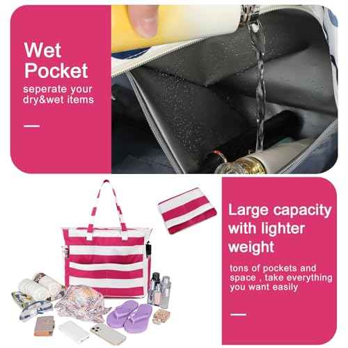 Waterproof Beach Tote Pool Bags for Women Ladies Extra Large Carry On Bag With Wet Compartment for Weekender Travel