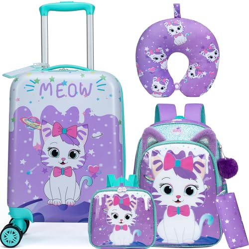 Cute Cat Kid’s Luggage Set 5 Piece Suitcase Set 16’’ Hardside Luggage with Spinner Wheels Girls Boys Carry on Toddler Luggage Travel Rolling Luggage Carry on Luggage Airline Approved (5 Count)