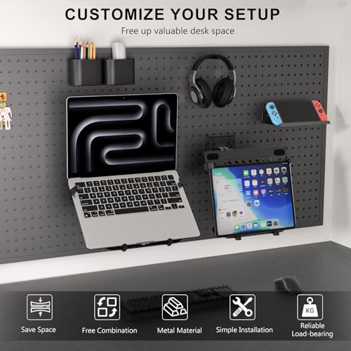 Articulating Pegboard Adjustable Mount for Laptop and Monitor 2 in 1 with Vented Tray