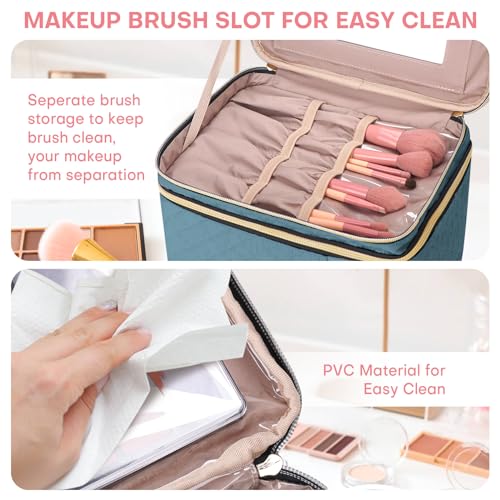 Large Makeup Bag with Mirror Double Layer Travel Make Up Organizer Case