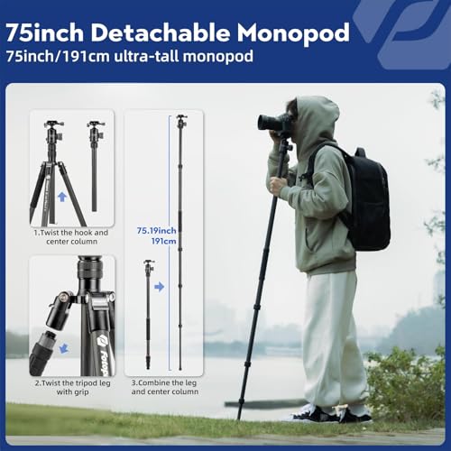 73" 185cm Carbon Fiber Travel Tripod for Camera