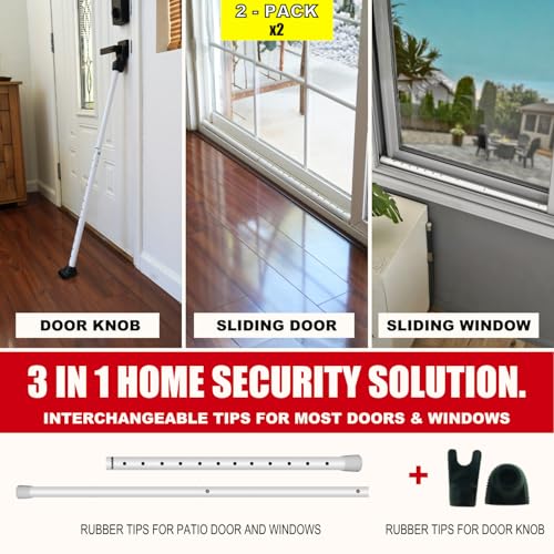 3-in-1 Door Security Bar, Security Door Stoppers & Door Barricade – Heavy Duty Adjustable Iron Security Lock Bar for Home Defense, Apartment & Travel Safety (2 Pack - White) (2 Count)