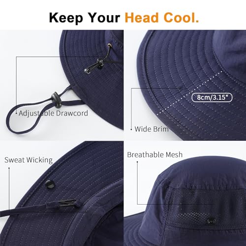 UPF50+ Wide Brim Sun Hat for Mens Womens UV Protection Beach Bucket Hat Airy Cowboy Hat for Fishing Hiking Gardening Navy Blue
