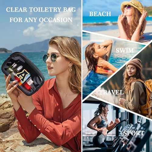 Initial Makeup Bag Travel Toiletry Bag Clear Makeup Bag Cosmetic Bags Travel Essentials Gifts for Girls Teen Girlfriend Teacher Birthday Birthday Gifts for Kids Black Graduation Gifts A