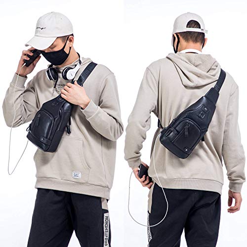 Leather Sling Bag Mens Chest Bag Casual Shoulder Crossbody Bags Travel Hiking Backpacks Daypack with USB Charging Port