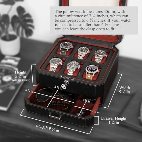 6 Slot Leather Watch Box with Valet Drawer