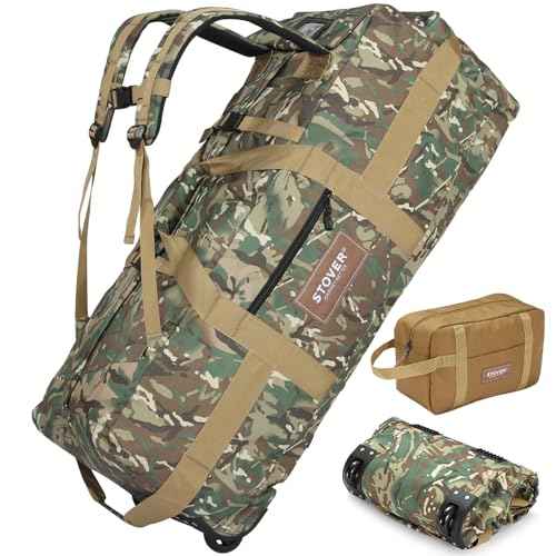 45/80/100L Rolling Duffel Bag with Wheels, Large Durable Travel Duffle + Toiletry Bag, Heavy Duty, Packable, Foldable with Shoulder Straps- Use as Luggage or Backpack, Men/Women (Camouflage)