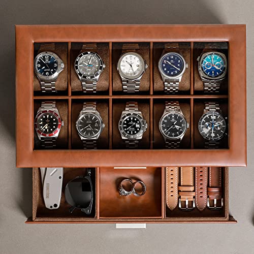 10 Slot Watch Box in Leather with Valet Drawer
