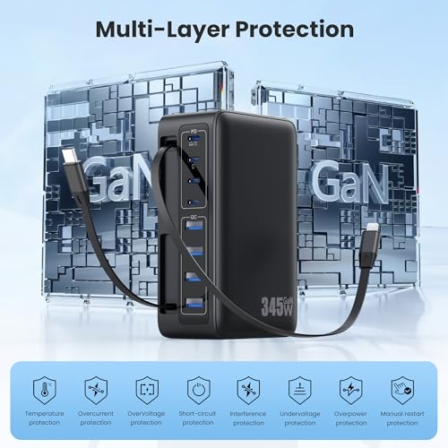 345W USB C Charger 10 in 1 Retractable Wall Charger with 2 Cables