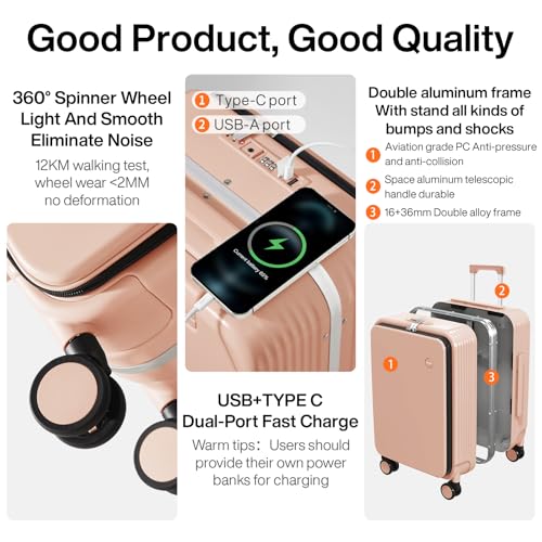 Carry On Luggage with Cup Phone Holder and Charger Hard Shell Suitcases with Spinner Wheels