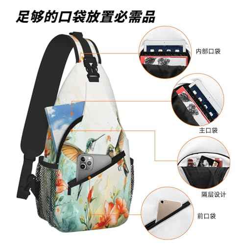 Sling Bag Hummingbird Flower Watercolor Hiking Daypack Crossbody Shoulder Backpack Travel Chest Pack for Men Women