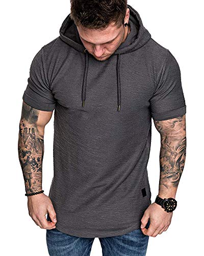 Mens Fashion Hoodies Sport Pullover Solid Color Shirt Workout Lightweight Tops Dark Grey XX