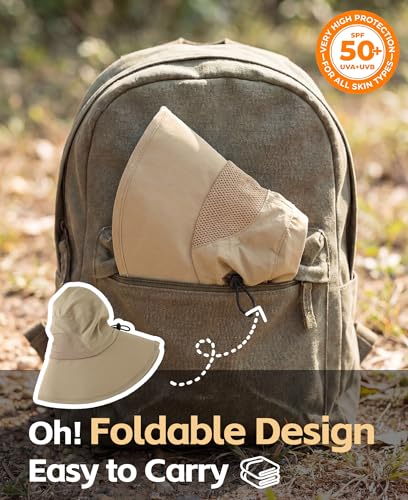UPF50+ Mens Sun Hat Wide Brim Fishing Hat Airy Mesh UV Protection Portable Bucket Sun Hat Dark Khaki