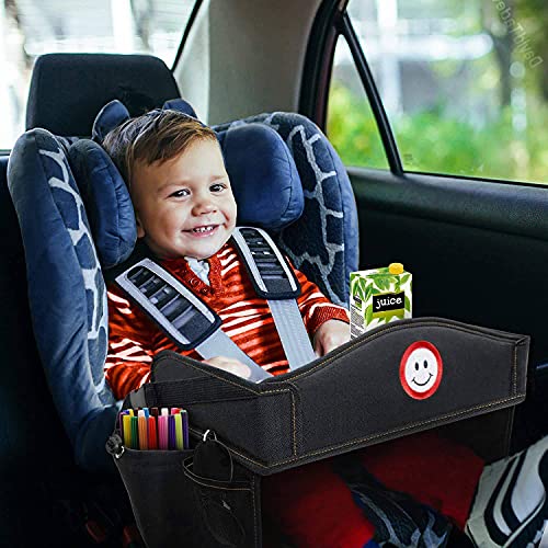 2-in-1 Kids Toddler Travel Tray & Back Seat Organizer — Foldable Waterproof Car Tray with Tablet Holder, Cup Holder, Storage Pockets for Road Trips & Airplane (Premium Black)