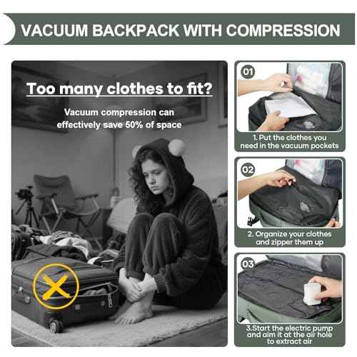 Vacuum Backpack Travel with Pump Vacuum Travel Backpack Carry On Flight Approved Frontier Spirit Airlines Personal Item Bag 18x14x8 Compression Carry On Luggage for Women Men Army Green