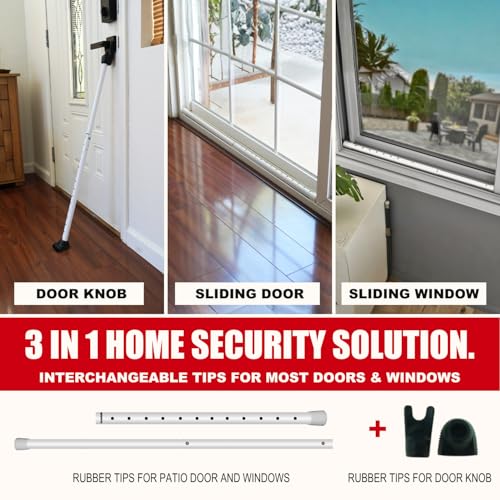 3-in-1 Door Security Bar, Security Door Stoppers & Door Barricade – Heavy Duty Adjustable Iron Security Lock Bar for Home Defense, Apartment & Travel Safety (1 Pack - White)