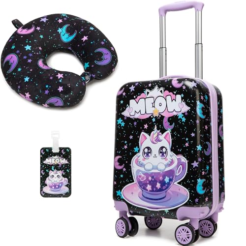 Cute Black Cat Kid's Luggage Set 2 Piece Suitcase Set 16" Hardside Luggage with Spinner Wheels Girls Carry on Toddler Travel Rolling Luggage Airline Approved (2 Count)