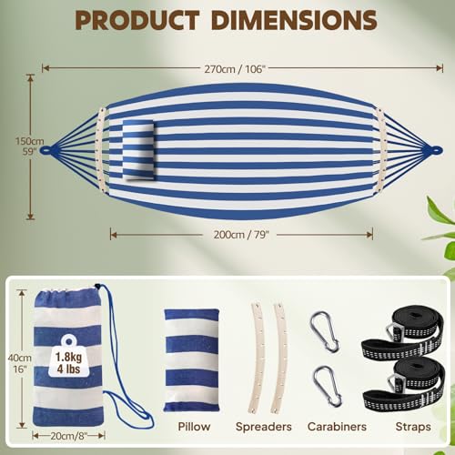 Cotton Hammock 8.9x4.9ft Holds Up to 660lbs Prevents Side