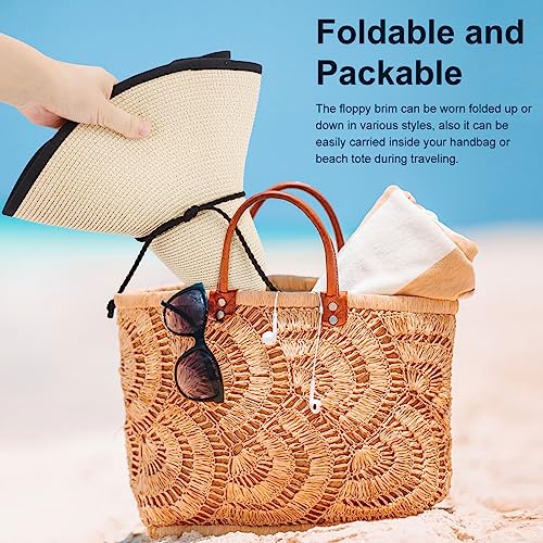Women Twine Wide Brim Straw Hats Big Floppy Summer Hat Foldable Roll up Cap Beach Sun Hat UPF 50+