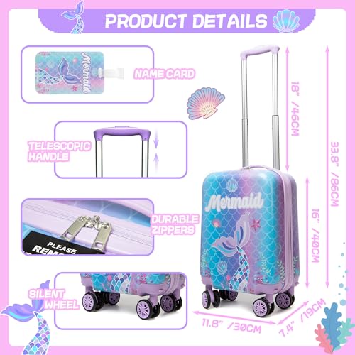 Cute Mermaid Kid’s Luggage Set 5 Piece Suitcase Set 16’’ Hardside Luggage with Spinner Wheels Girls Carry on Toddler Luggage Travel Rolling Suitcase Airline Approved (5 Count)