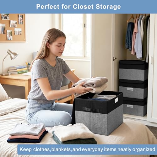 Large 22 Quart Linen Fabric Foldable Storage Bin Cube Organizer Basket with Flip (4 Count)