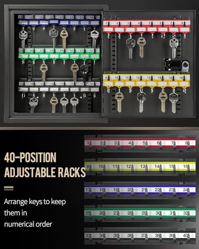 40 Position Key Cabinet with Combination Lock Resettable Black Digital Security Storage Box Steel Key Organizer with Adjustable Racks Colorful Key Tag Labels and Hooks