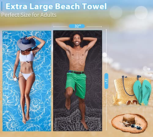 Microfiber Beach Towel Oversized 71x32 Blue Black with Bag 2 Pack (2 Count)