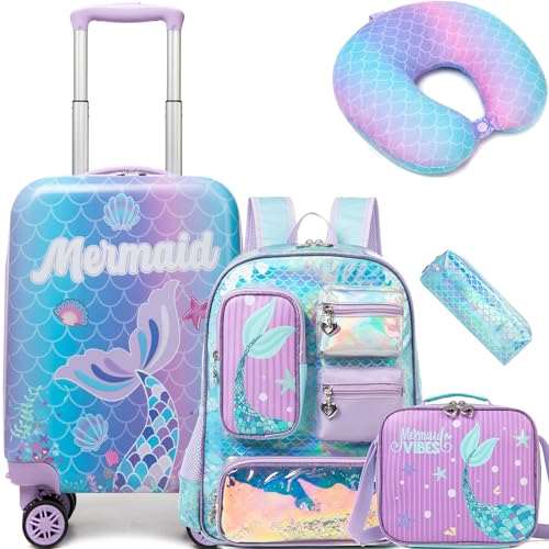 Cute Mermaid Kid’s Luggage Set 5 Piece Suitcase Set 16’’ Hardside Luggage with Spinner Wheels Girls Carry on Toddler Luggage Travel Rolling Suitcase Airline Approved (5 Count)