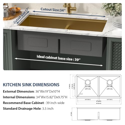 36 Inch Matte Gold Double Bowl Kitchen Sinks