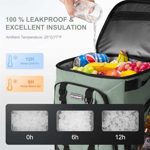 Insulated Cooler Bags for Travel Women 36cans Soft Cooler Backpack 18 Hours Cooling Lunch Backpack for Men Work for Camping Picinic Beach Grayish ArmyGreen 30L