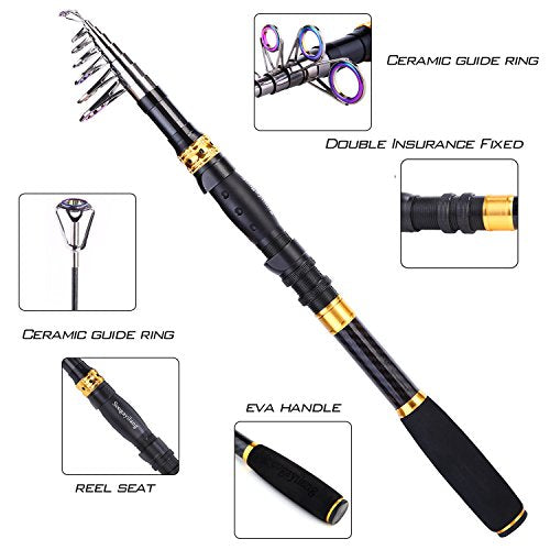 Fishing Rod Reel Combos Carbon Fiber Telescopic Fishing Pole with Spinning Reel Fishing Line Lures Fishing Gear Accessories for Travel Saltwater Freshwater Fishing
