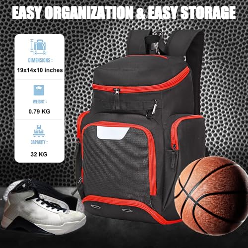 Large Basketball Backpack Sports Gym Bag with Ball Holder Ventilated Shoe Compartment Insulated Cooler Pockets Reflective Strips Fence Hook for Men Athletic Training