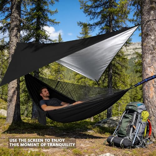 Camping Hammock with Rain Fly Tarp Mosquito Net Heavy Duty Tree Straps Portable Double Parachute Hammocks Tent Waterproof Rainfly Set