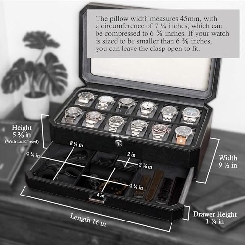 12 Slot Leather Watch Box with Valet Drawer