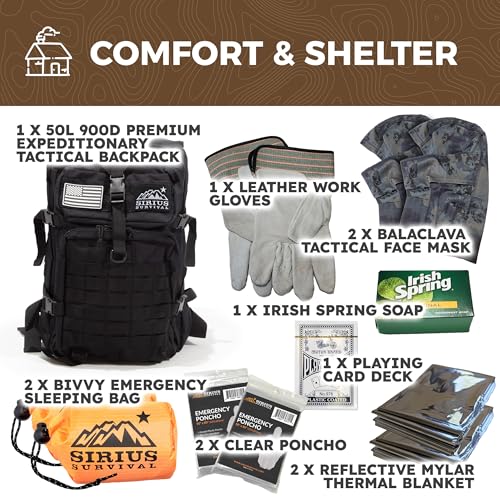 Sirius: Pre-Packed Bug Out Bag - 72 Hour Kit for 2 People - Bugout Backpack Survival Kit - Premium 50L Go Bag Tactical Backpack - Essential Bug Out Gear - Upgraded Survival Backpack (Digital Camo)
