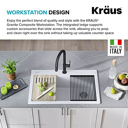 Bellucci Workstation 33 in. Drop In Single Bowl Granite Kitchen Sink in White with Accessories