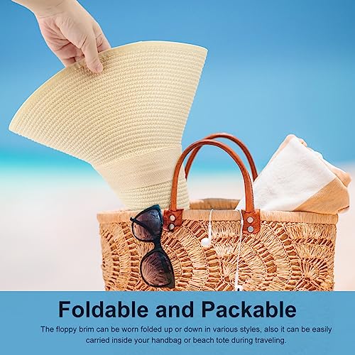 Womens Bowknot Straw Hat Foldable Beach Sun Hat Roll up UPF 50+