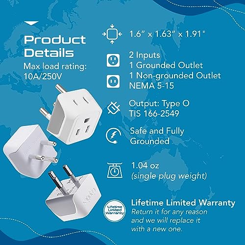 Thailand Travel Adapter with Dual Usa Input (3 Count)
