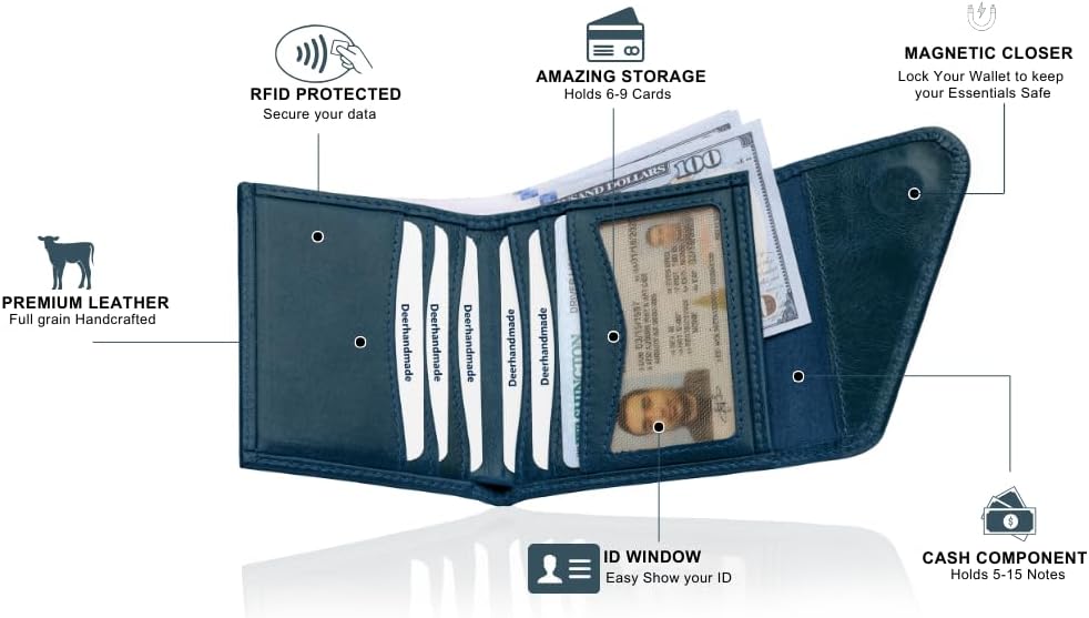 Leather RFID Wallet for Men, Slim Leather Mens Wallet, Handcraft Men's Wallets, Card Cases & Money Organizers, Magnetic Closure Sleek RFID Blocking Thin Mens Wallets with 9-12 Card Slots & Gift Box - Roamly
