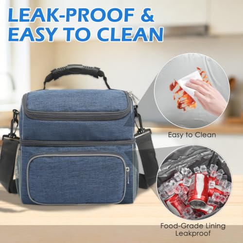 Double Layer Cooler Insulated Lunch Bag Adult Lunch Box Large Tote Bag for Men (Navy)