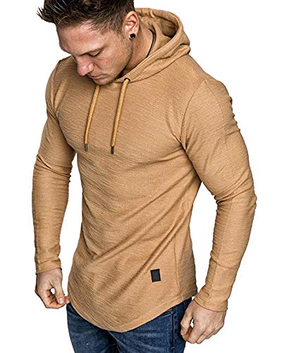 Mens Fashion Athletic Hoodies Sport Sweatshirt Solid Color Fleece Pullover Khaki M